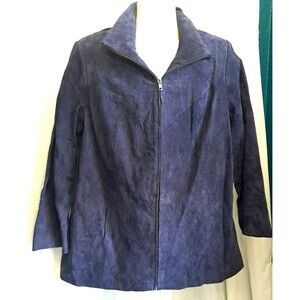 Blue Suede Full Zip Flare Waist Collared Jacket Womens Navy Blue 18W